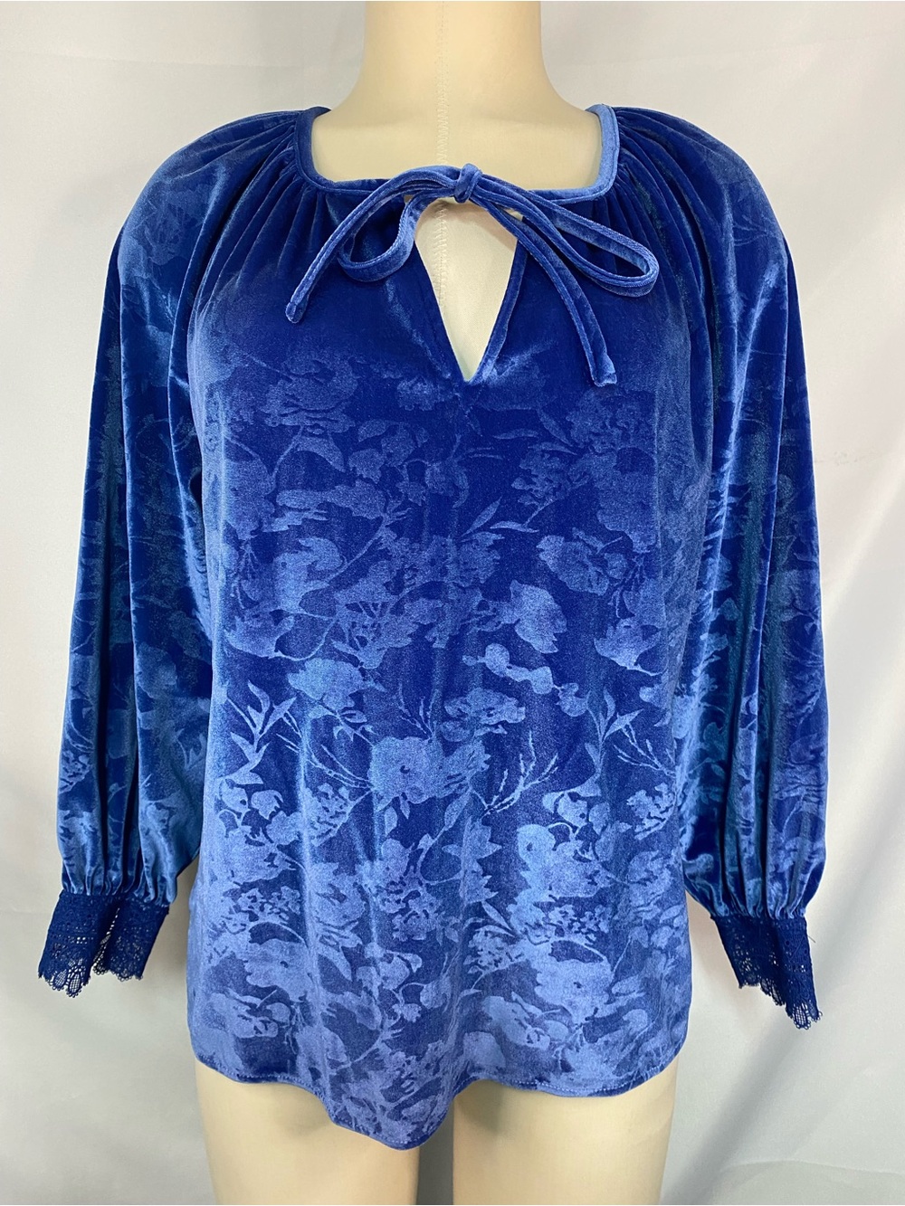 The Pioneer Woman Blue Velour Tie-Neck Long Sleeve Top Women’s Medium